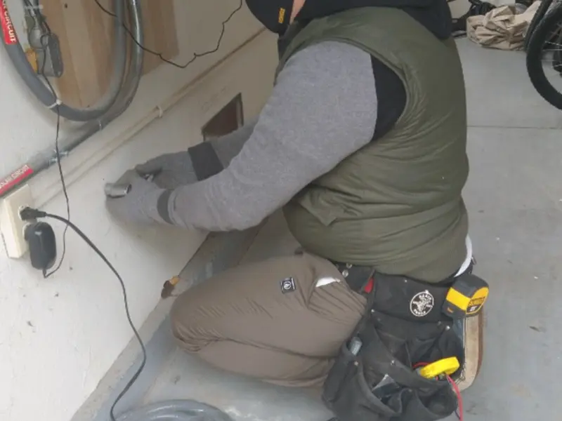 Electrician performing outlet wiring in a Whiting garage